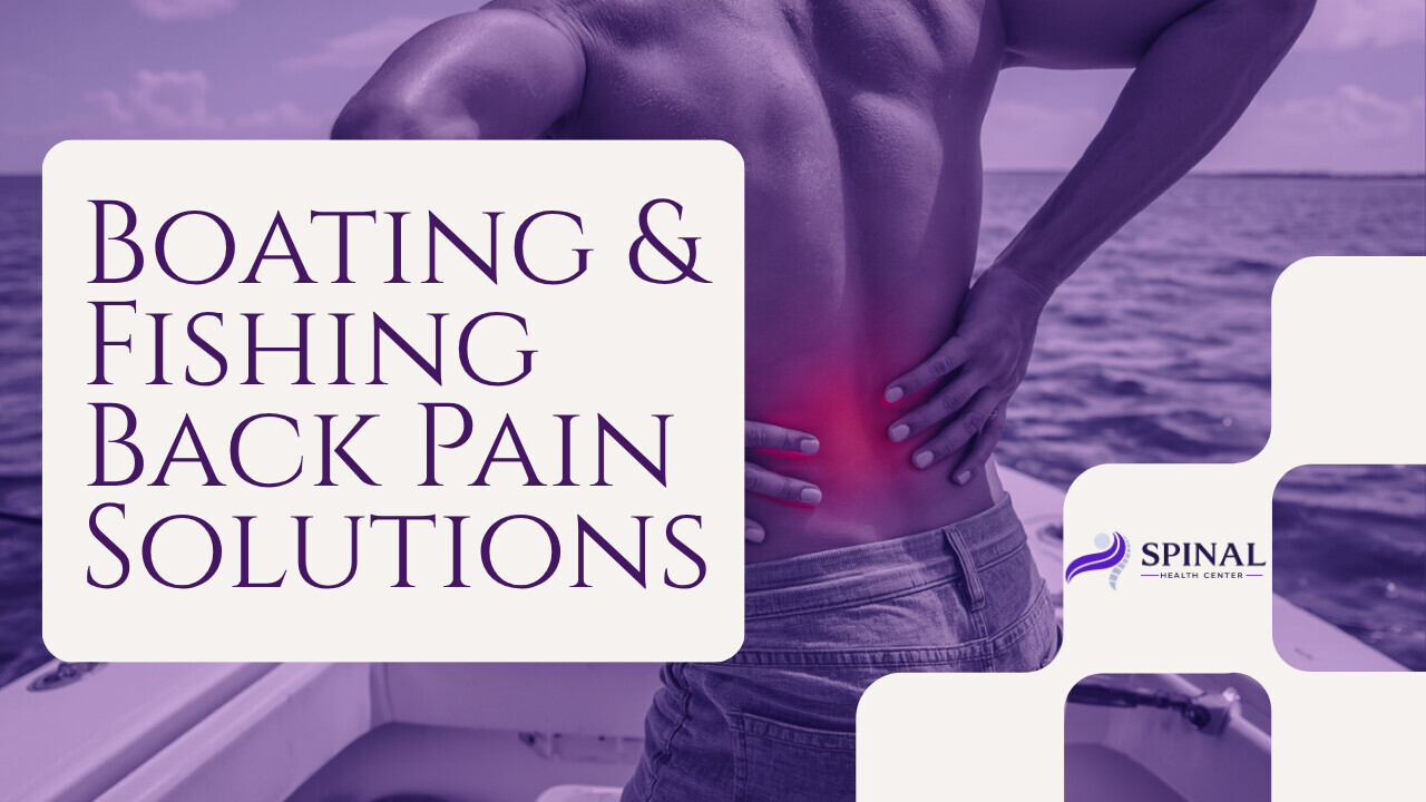 A picture of someone demonstrating having low back pain while being on a boat on the water,