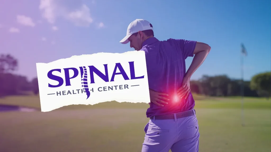 Golfer on a golf course holding his lower back, with the Spinal Health Center logo