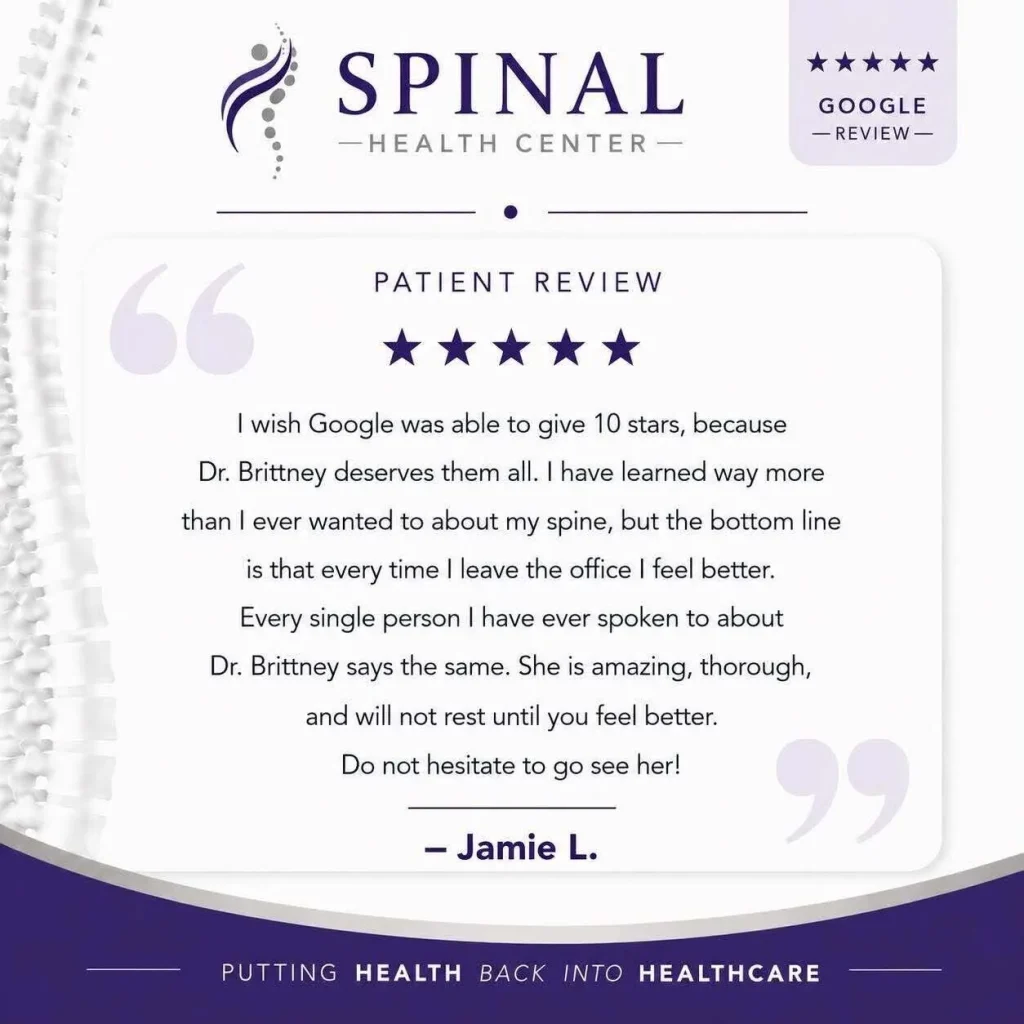 Five-star Google review card from patient Jamie L. praising Dr. Brittney Hughes