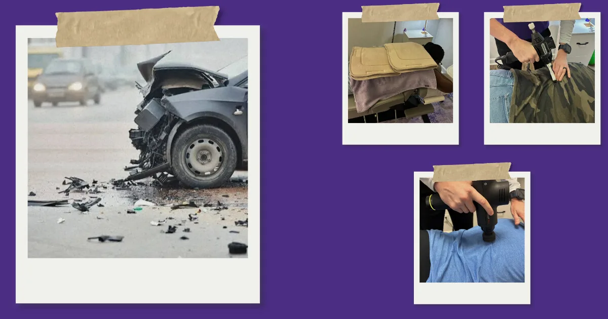 Photo collage of a damaged car after a crash and chiropractic treatment of accident injuries