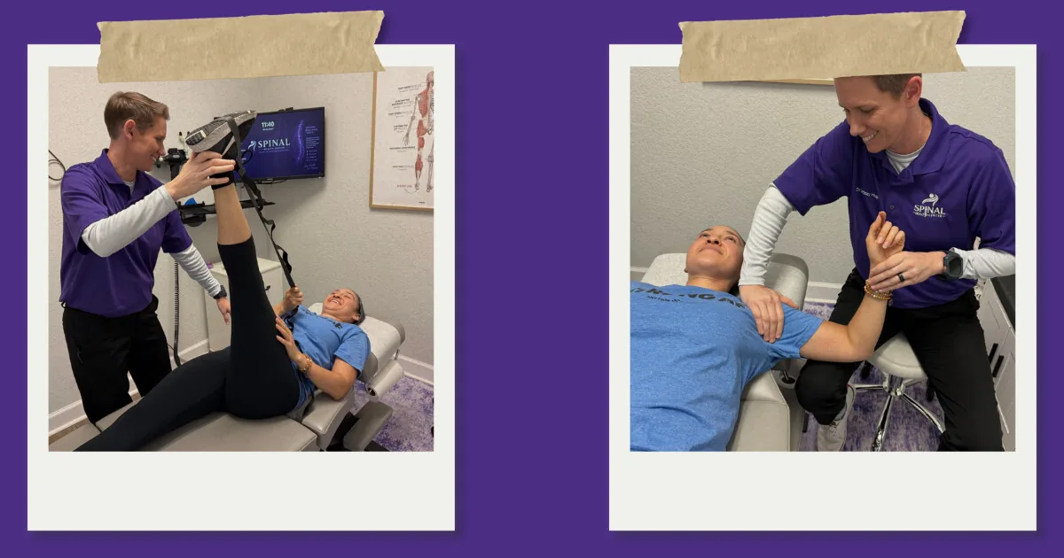 Photo collage of a chiropractor guiding patients through rehab exercises