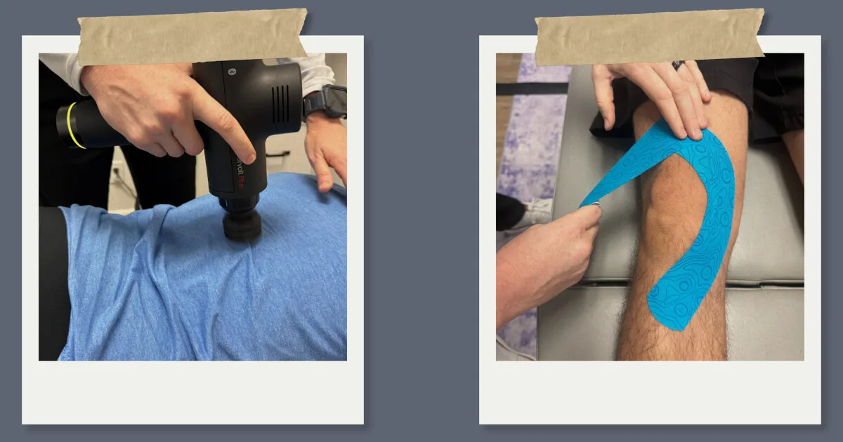 Photo collage of percussion massage and kinesiology taping therapy
