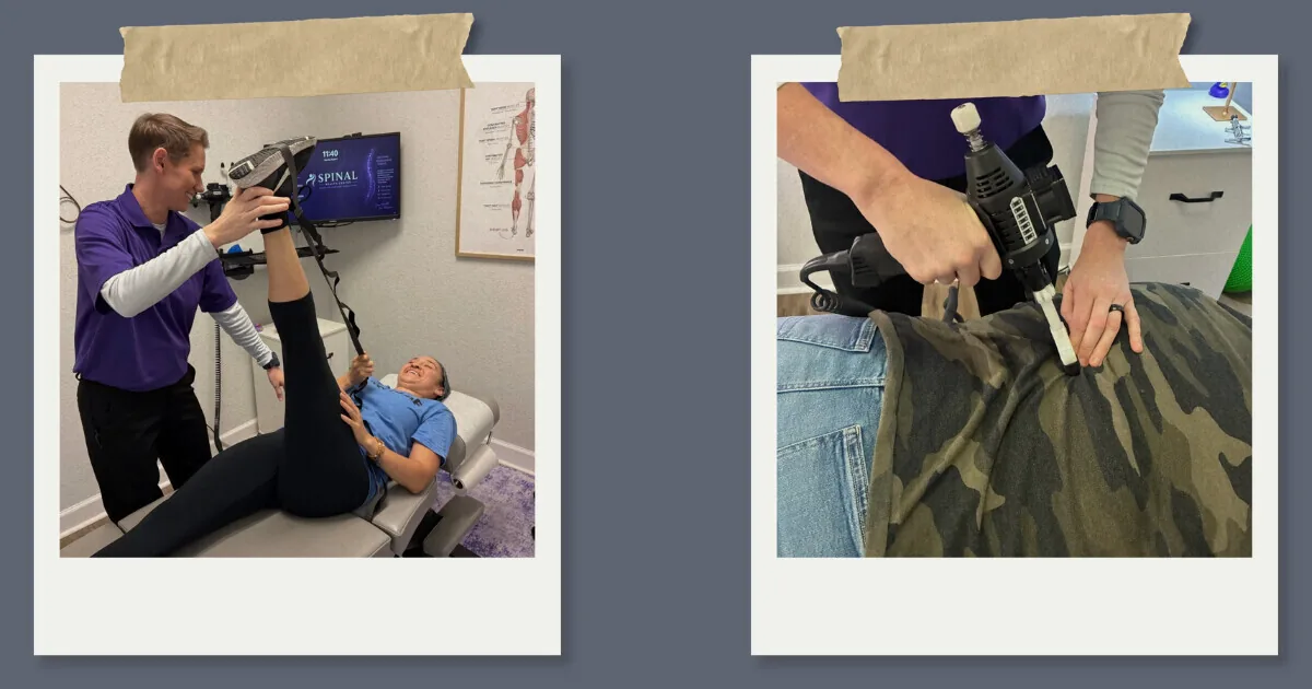 Photo collage of instrument-assisted adjustment and kinesiology taping for sciatica