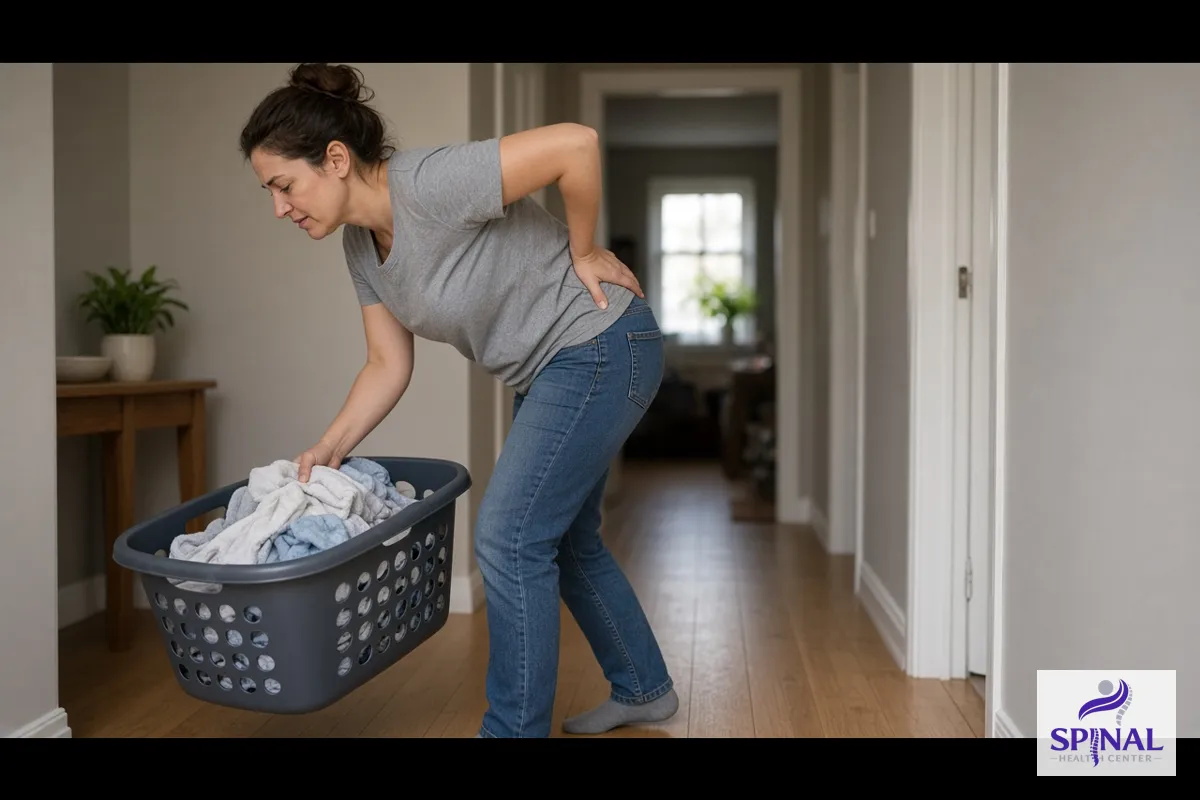 Woman grabbing her lower back after bending to pick up a laundry basket