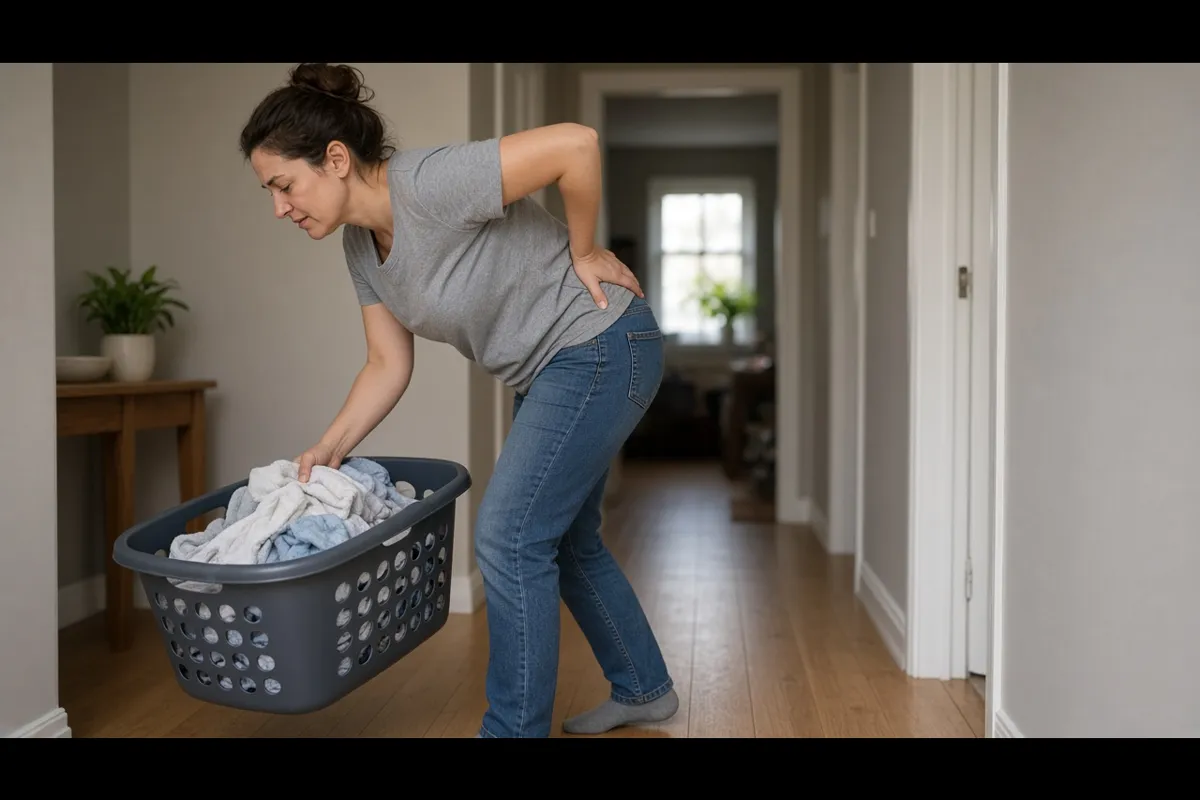 Woman grabbing her lower back after bending to pick up a laundry basket