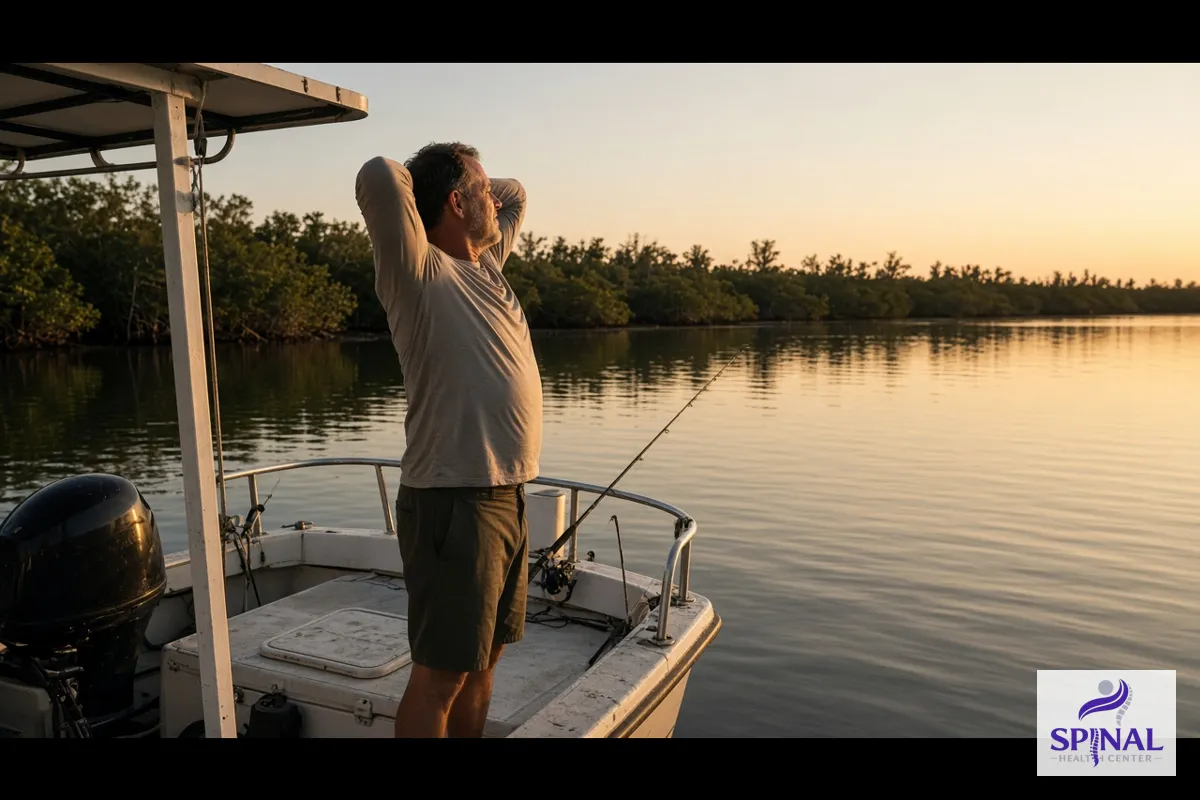 Fisherman stretching his back on a boat on the Indian River Lagoon