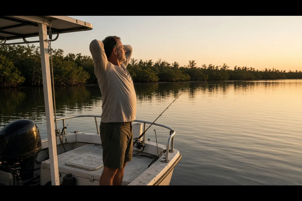 Fisherman stretching his back on a boat on the Indian River Lagoon