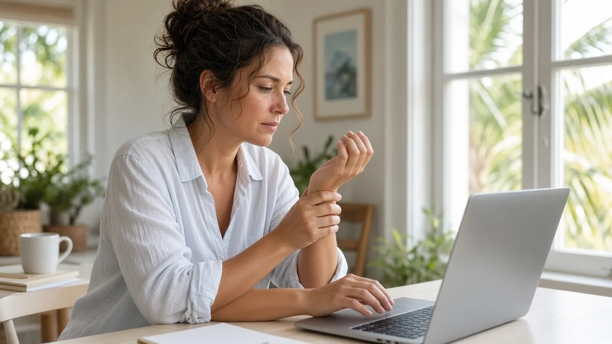 Woman at a laptop holding her wrist with carpal tunnel and wrist pain from typing in Vero Beach