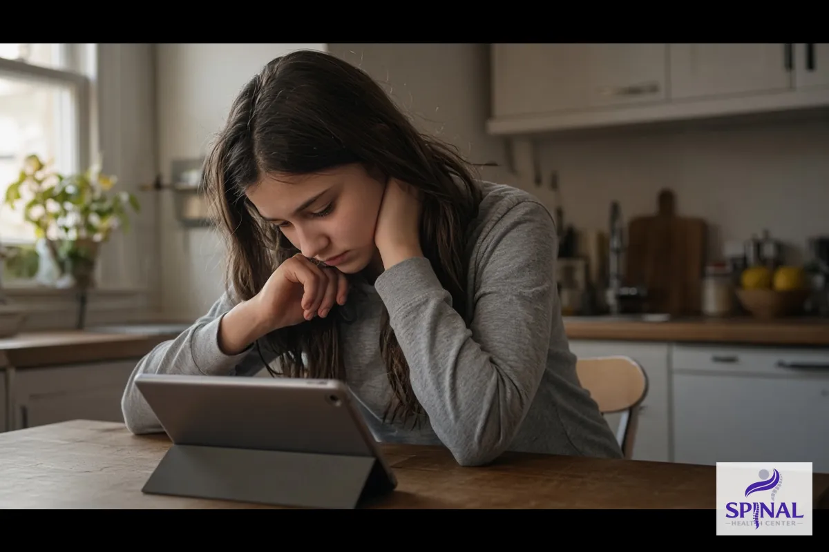 Teen girl looking down at a tablet with neck strain after school