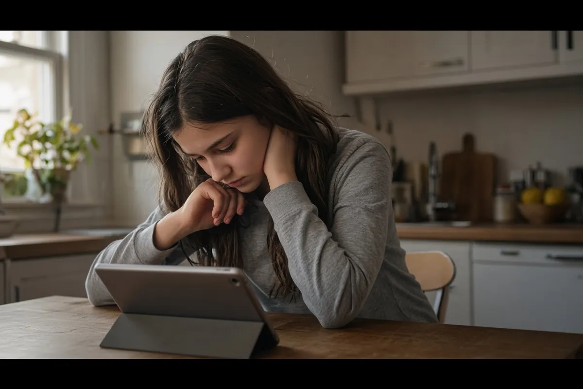 Teen girl looking down at a tablet with neck strain after school