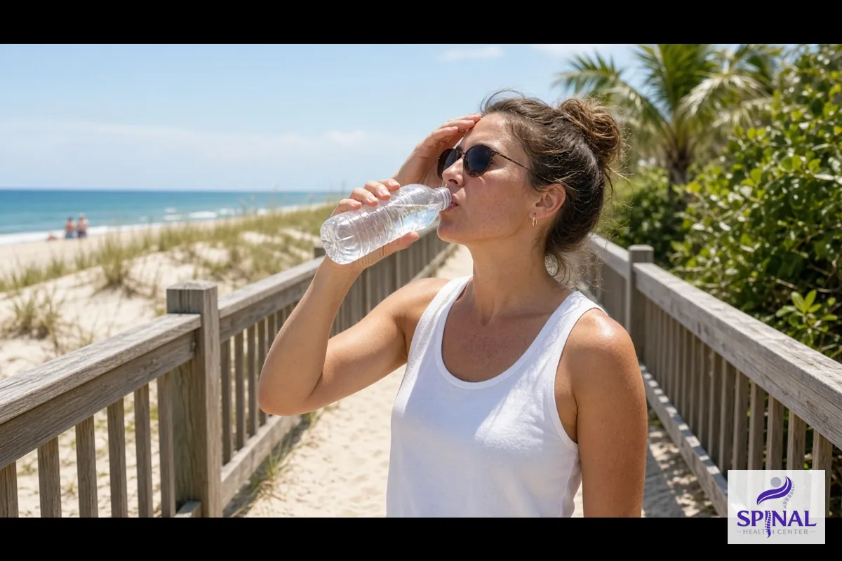 Woman drinking water in the afternoon heat to ease a tension headache