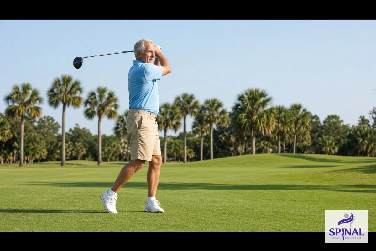 Golfer mid-swing on a Florida course, a common source of back pain