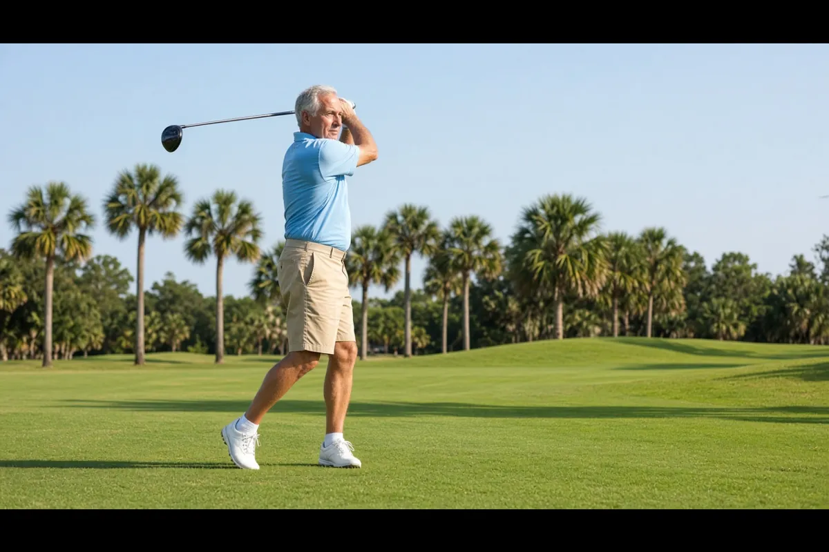 Golfer mid-swing on a Florida course, a common source of back pain