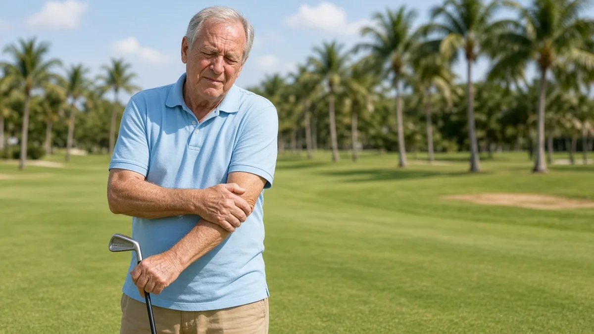 Golfer holding the inside of his elbow with golfer's elbow pain on a Vero Beach golf course