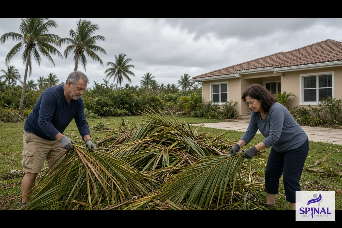Couple raking storm debris in their yard after a Florida hurricane
