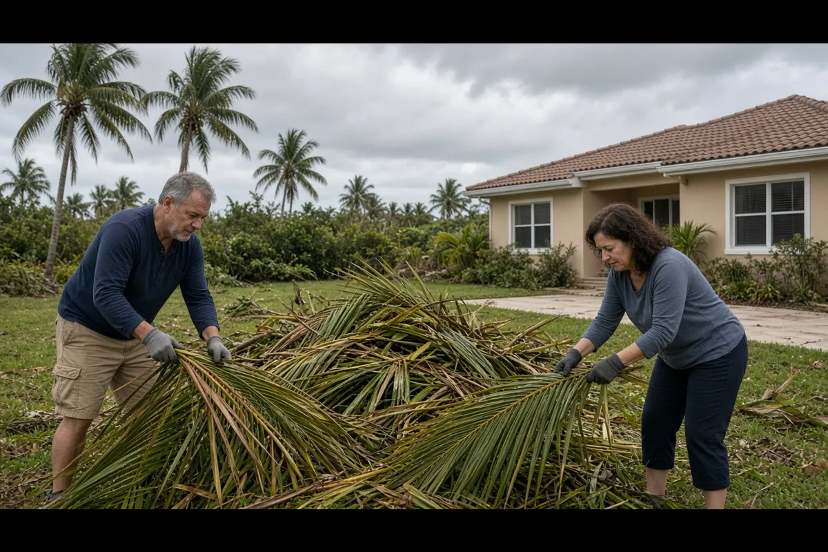 Couple raking storm debris in their yard after a Florida hurricane