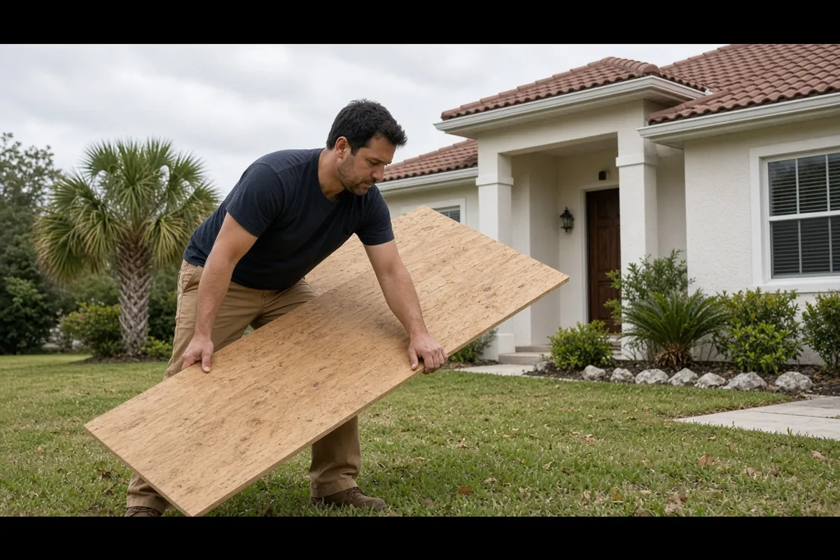 Man lifting plywood with bent knees to protect his back during hurricane prep