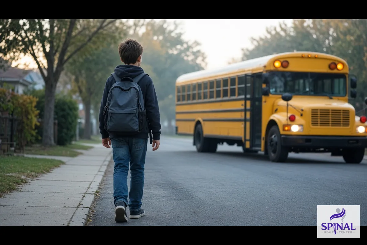 Child wearing a backpack correctly with both straps on the way to school