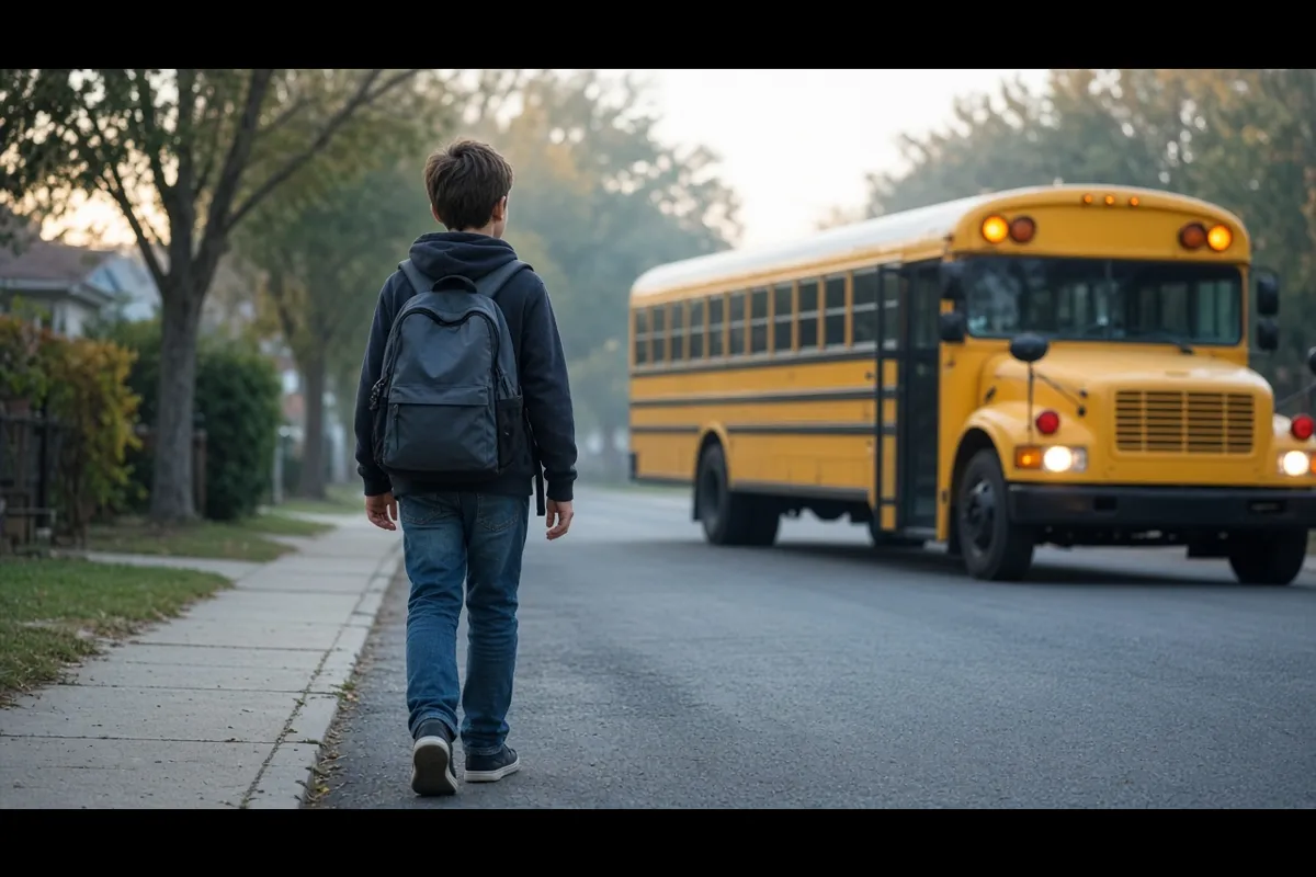 Child wearing a backpack correctly with both straps on the way to school