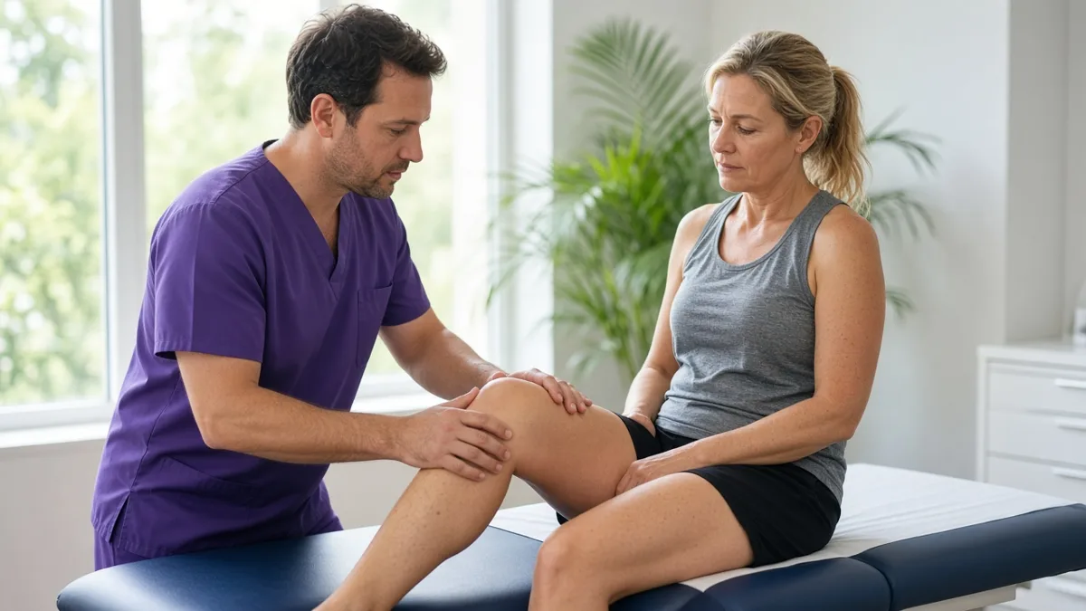 Chiropractor examining a patient's knee pain at Spinal Health Center in Vero Beach