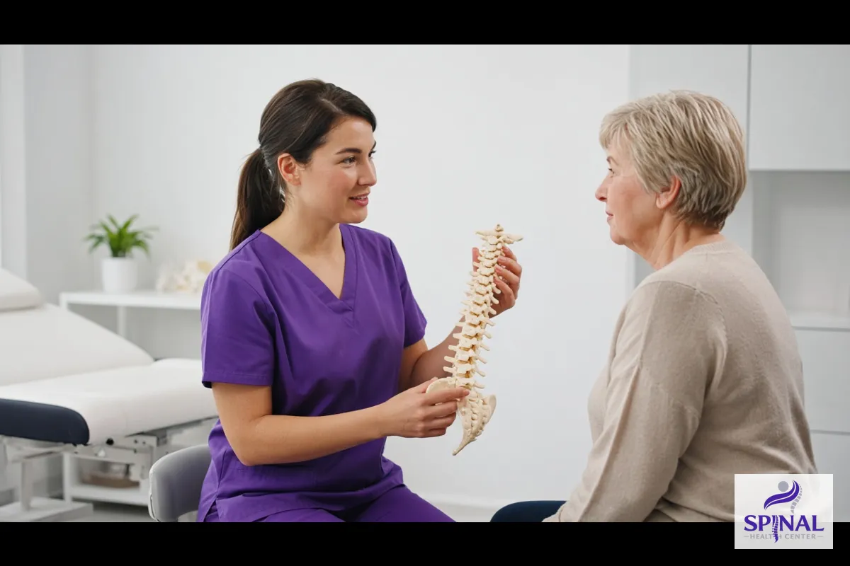 Chiropractor explaining a spine model to a patient in a bright clinic