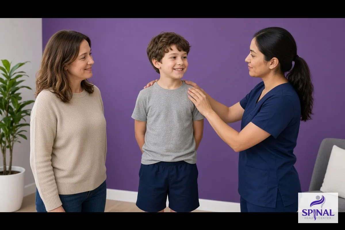 Gentle pediatric chiropractic check of a young child's posture in a clinic