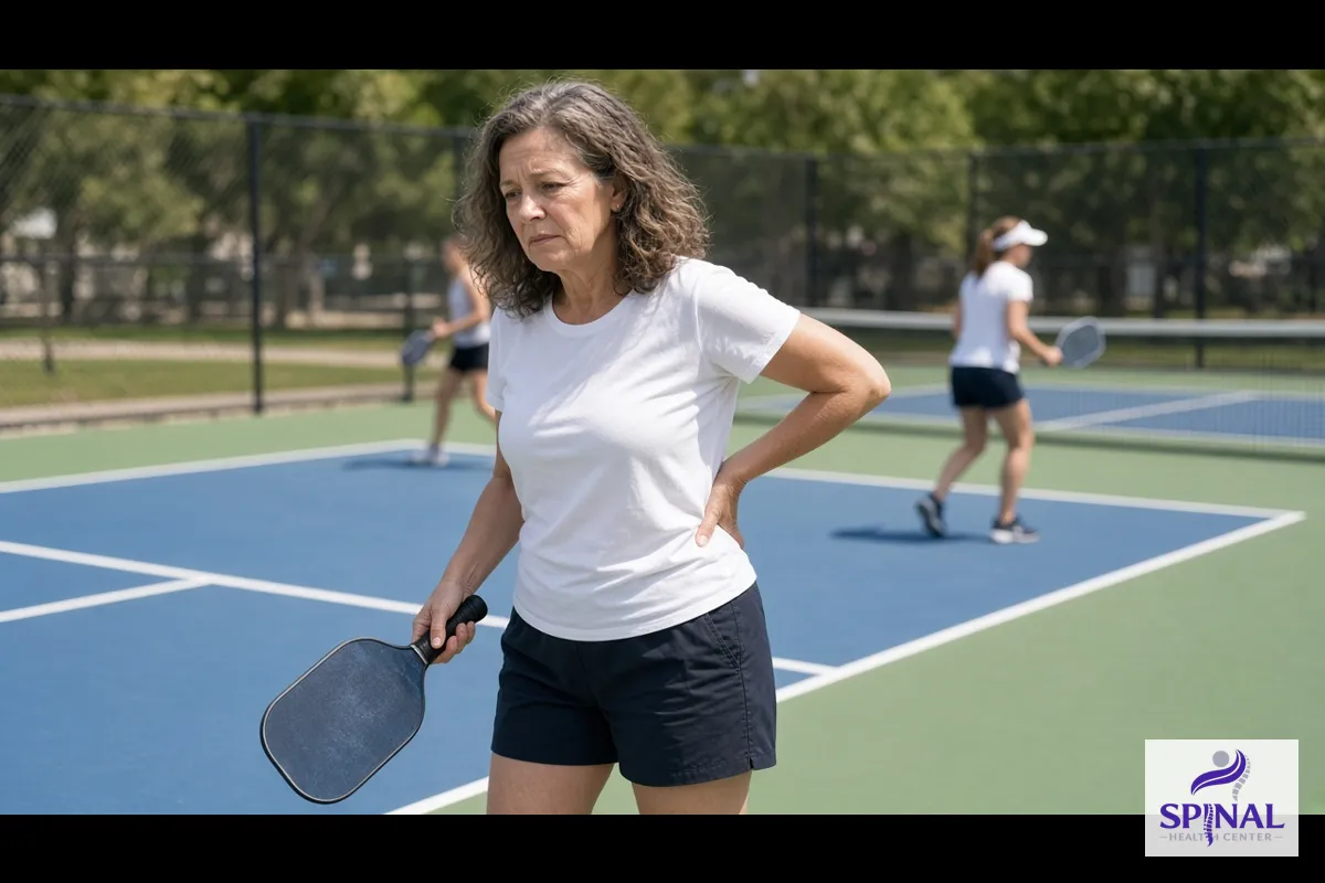 Woman holding her lower back after a pickleball rally on a sunny court