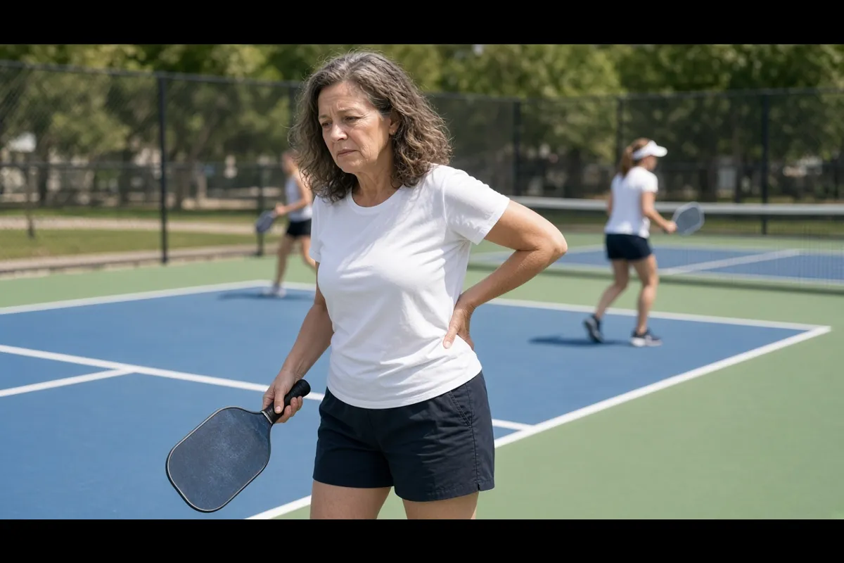 Woman holding her lower back after a pickleball rally on a sunny court