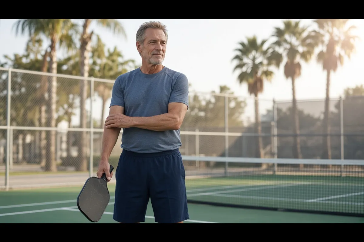 Senior pickleball player holding his sore elbow beside an outdoor court in Florida