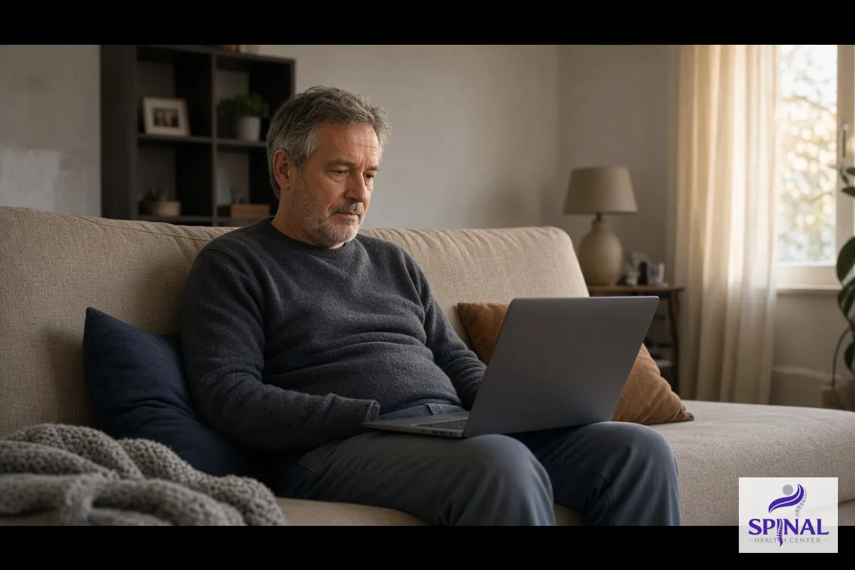 Man slouching on a couch with a laptop, showing posture that leads to pain