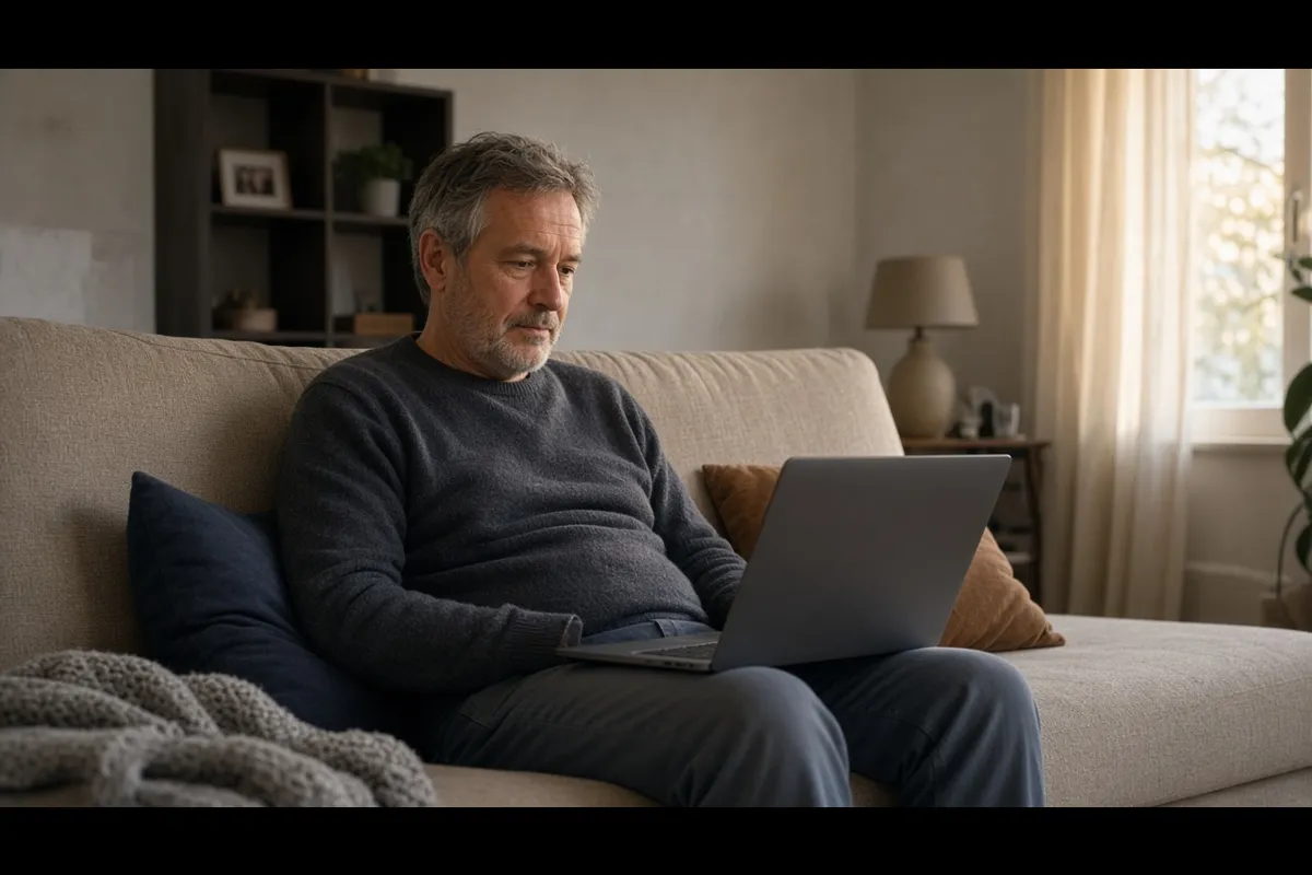 Man slouching on a couch with a laptop, showing posture that leads to pain
