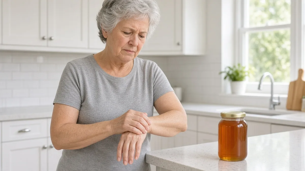 Older woman holding her sore wrist beside a jar in her Vero Beach kitchen, a common struggle with thumb arthritis
