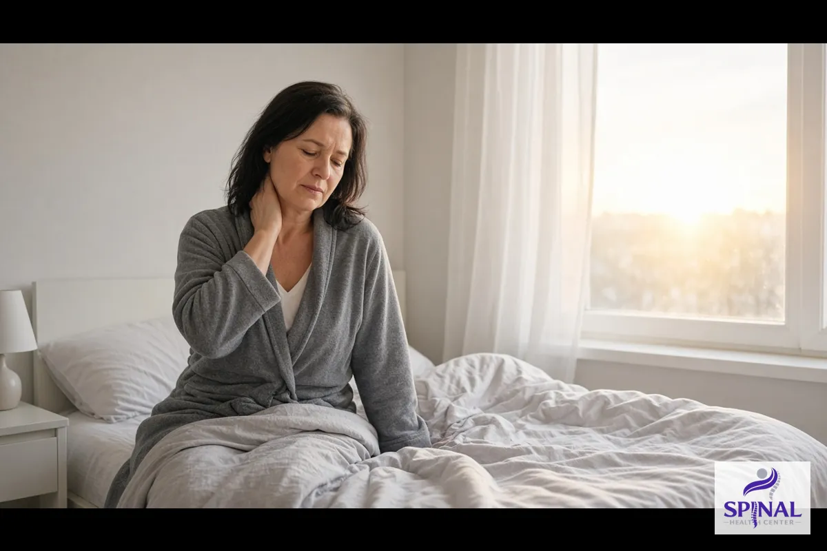 Woman rubbing a stiff neck while sitting up in bed on a sunny morning